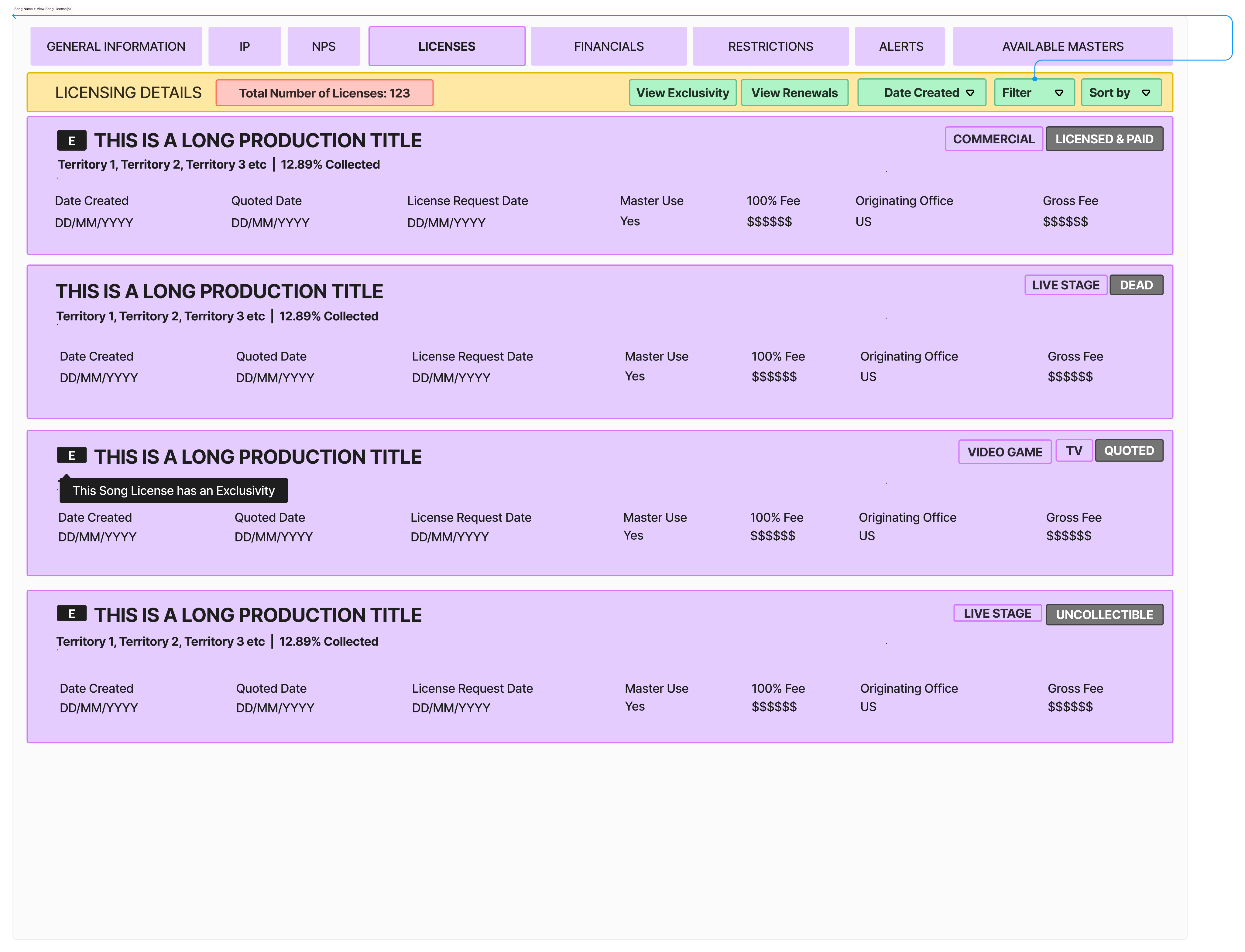 Song licence history — conceptual iteration 1